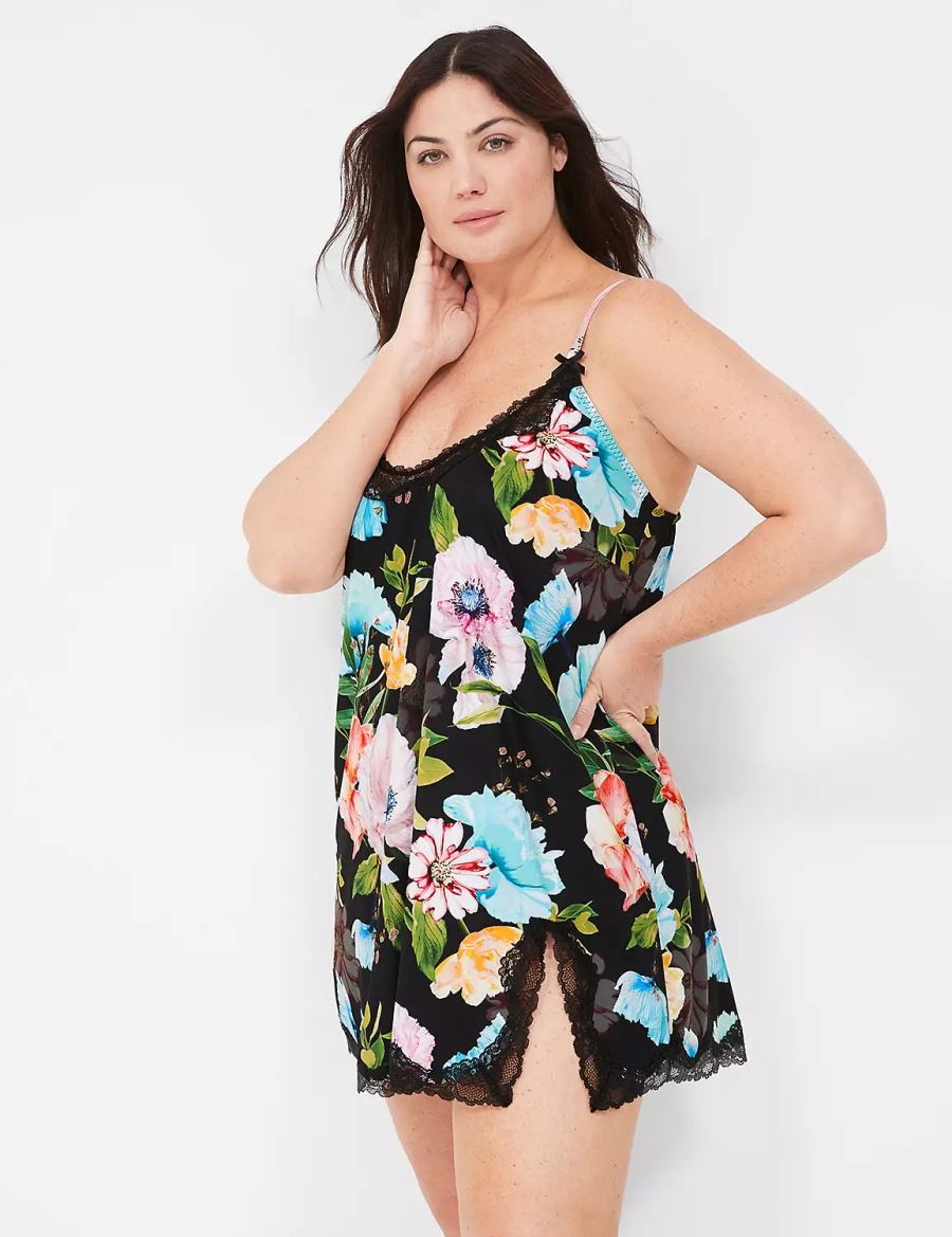 Lane Bryant Printed Lace-Trim Slip Women Dress Black | SGL8952ZR