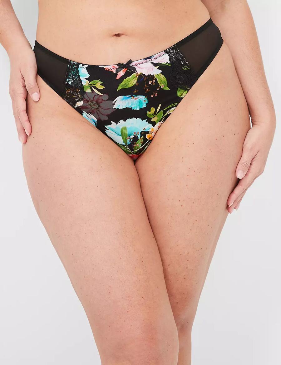 Lane Bryant Printed Lace-Trim Women Thong Panty Black | HVH7138QR