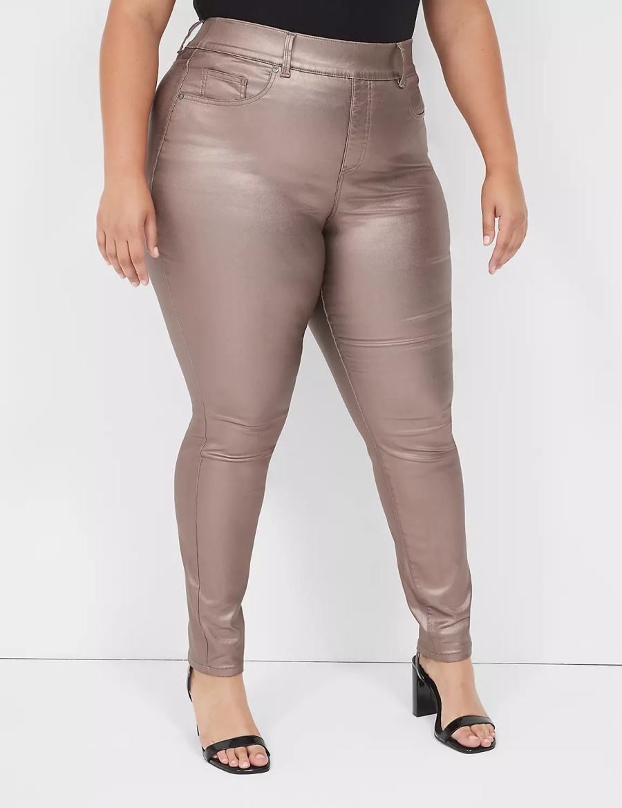 Lane Bryant Pull-On High-Rise Coated Metallic Women Jeggings Brown | TKF586AG