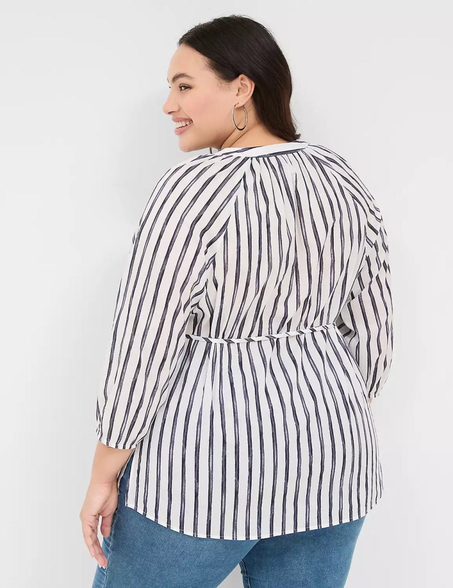 Lane Bryant Relaxed 3/4-Sleeve Button-Front Tunic Women Shirts Navy Stripes | MCZ6228ZU