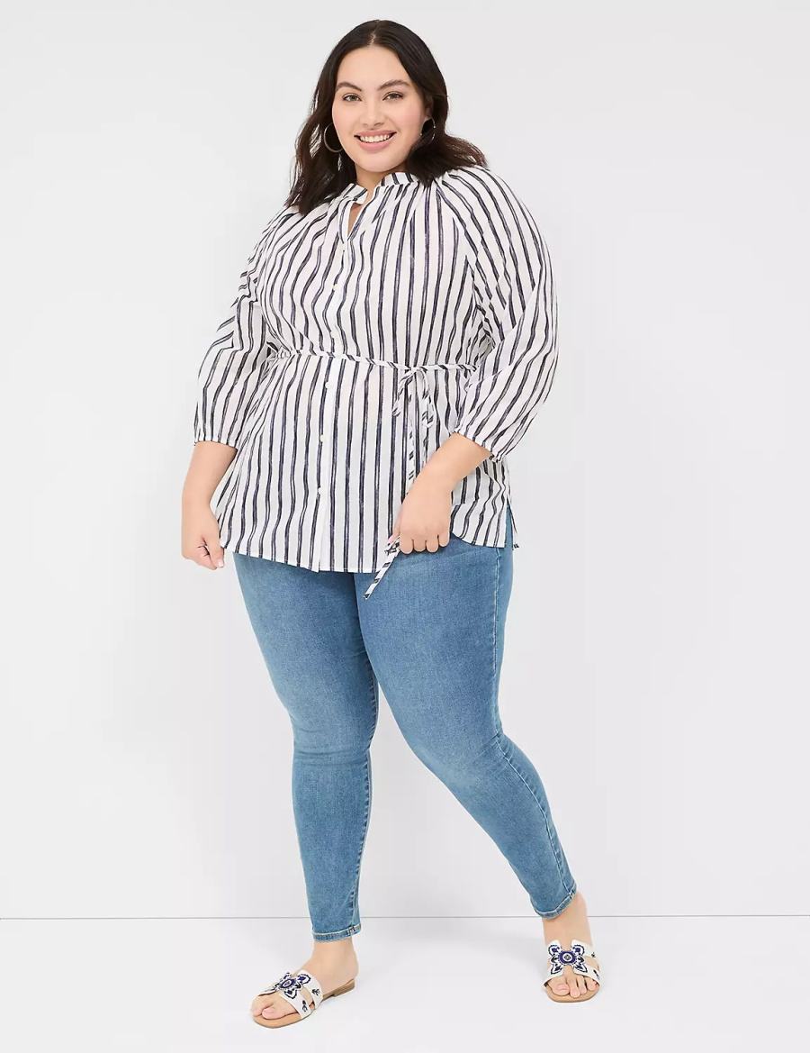 Lane Bryant Relaxed 3/4-Sleeve Button-Front Tunic Women Shirts Navy Stripes | MCZ6228ZU