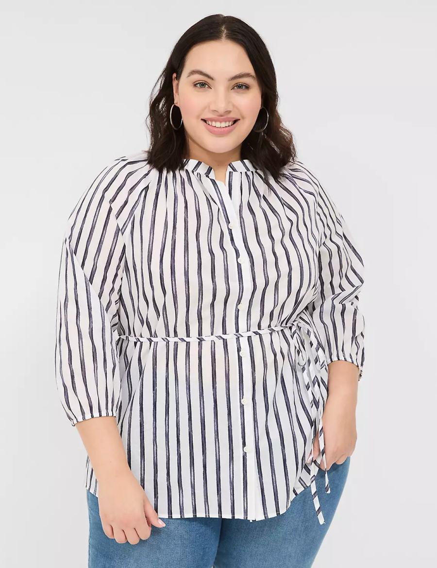 Lane Bryant Relaxed 3/4-Sleeve Button-Front Tunic Women Shirts Navy Stripes | MCZ6228ZU