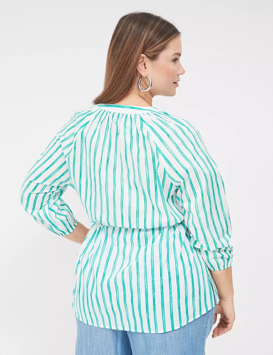 Lane Bryant Relaxed 3/4-Sleeve Button-Front Tunic Women Shirts Green Stripes | ZLT8268HT