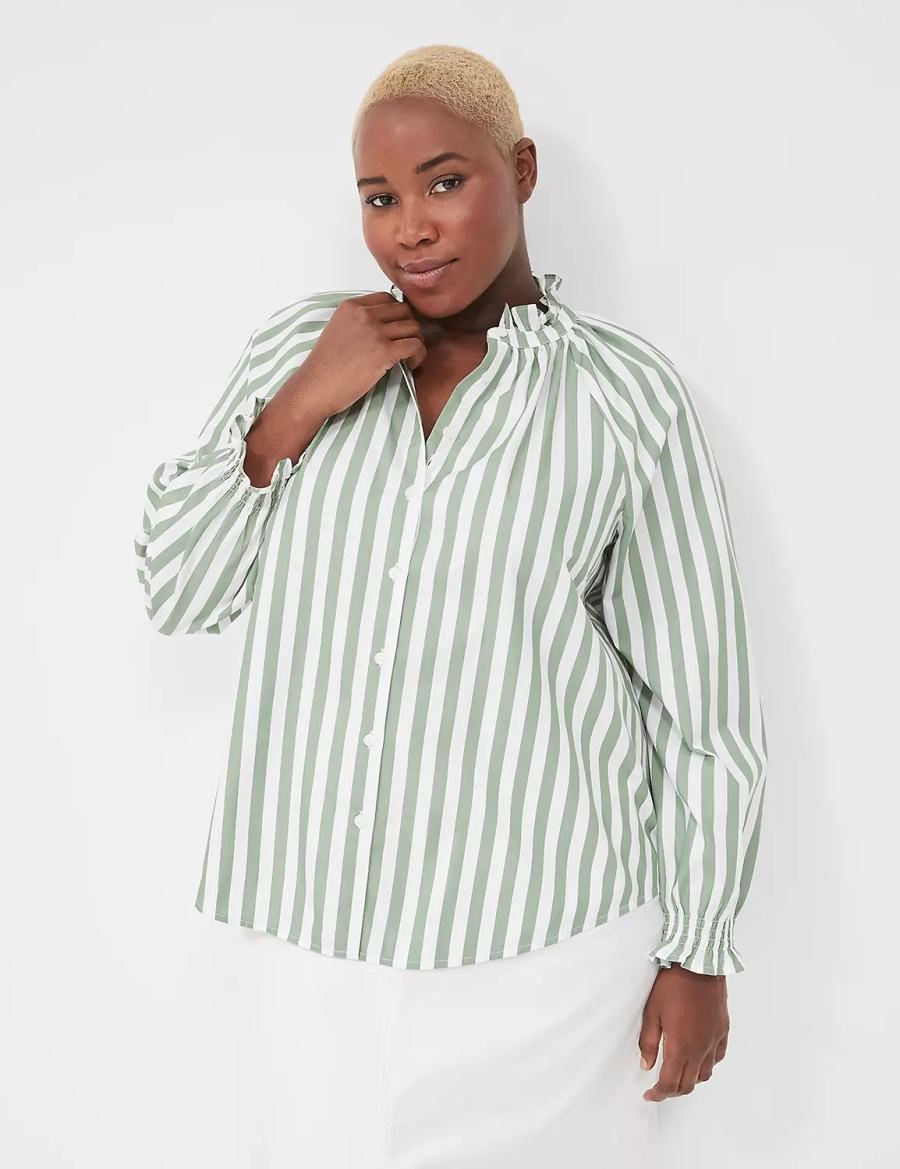 Lane Bryant Relaxed Button-Front Women Blouse Green Stripes | OHJ2991RL