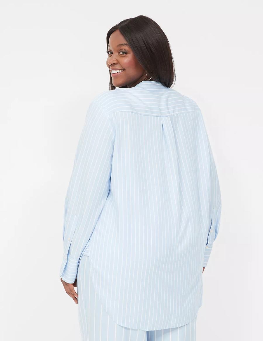 Lane Bryant Relaxed Collar Button-Down Women Shirts Light Blue Stripes | CRF119WH