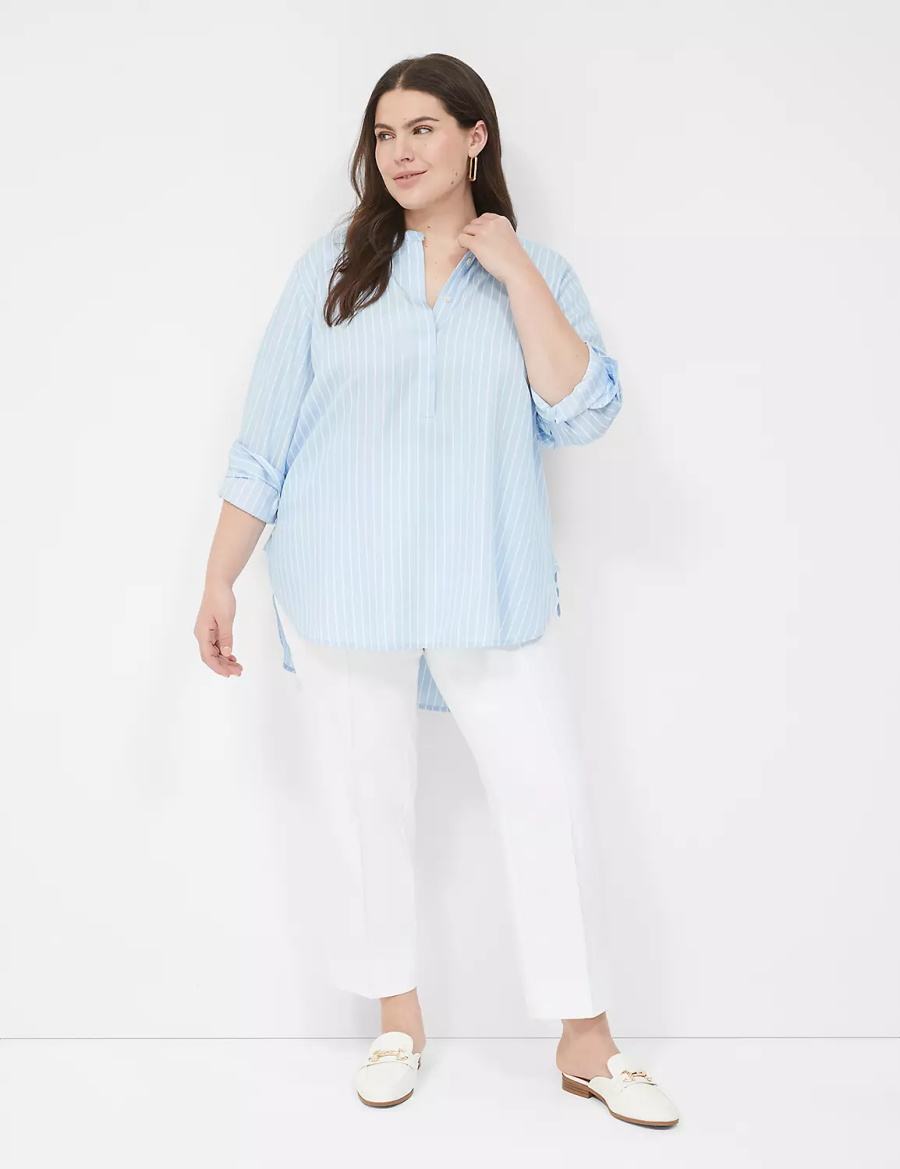 Lane Bryant Relaxed Collar Button-Down Women Shirts Light Blue Stripes | CRF119WH