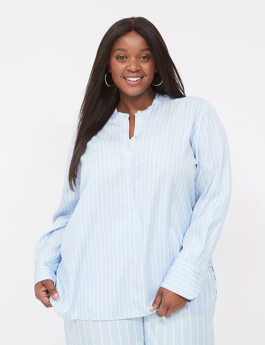 Lane Bryant Relaxed Collar Button-Down Women Shirts Light Blue Stripes | CRF119WH