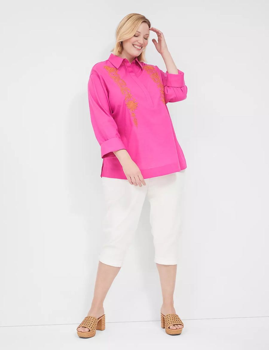 Lane Bryant Relaxed Collared Embroidered Tunic Women Shirts Fuchsia | FUY449PL