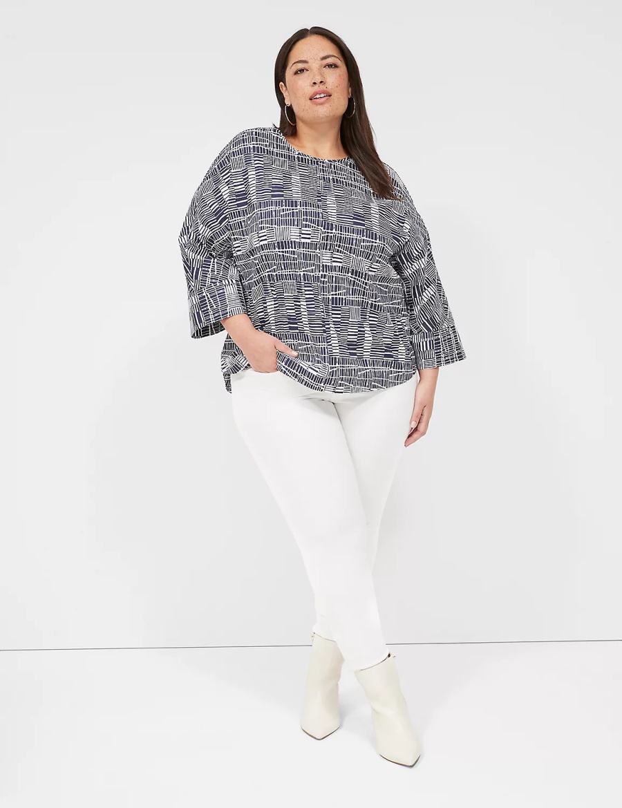 Lane Bryant Relaxed Crew-Neck Popover Top Women Blouse Navy White | DJX174BV