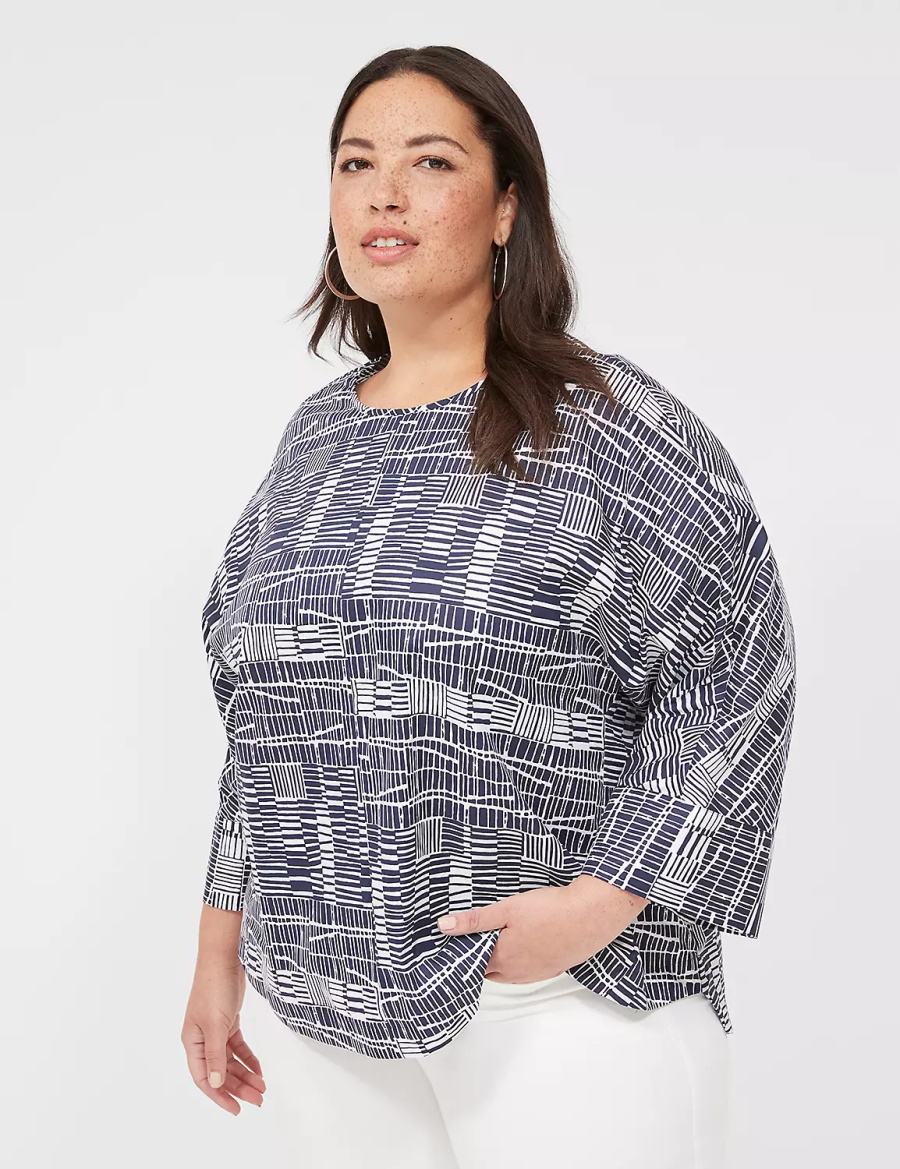 Lane Bryant Relaxed Crew-Neck Popover Top Women Blouse Navy White | DJX174BV