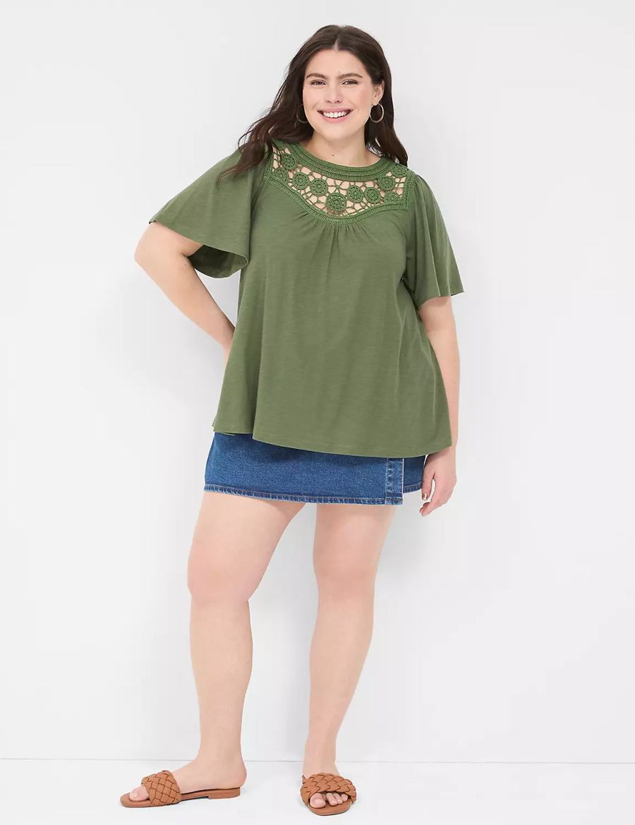 Lane Bryant Relaxed Crochet Crew-Neck Top Women T Shirts Brown Green | PEC8920JC