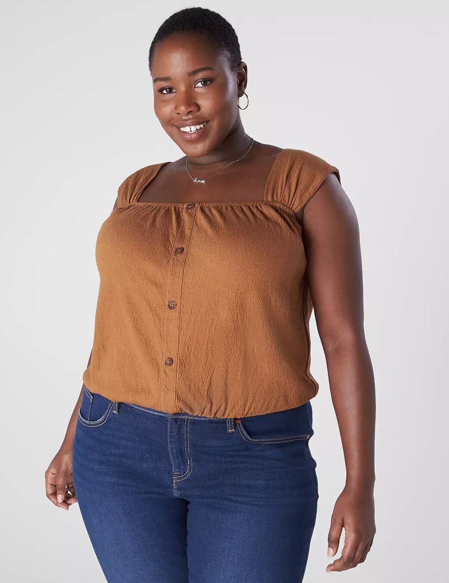 Lane Bryant Relaxed Crop Cap-Sleeve Square-Neck Top Women T Shirts Brown | NHD3477XZ