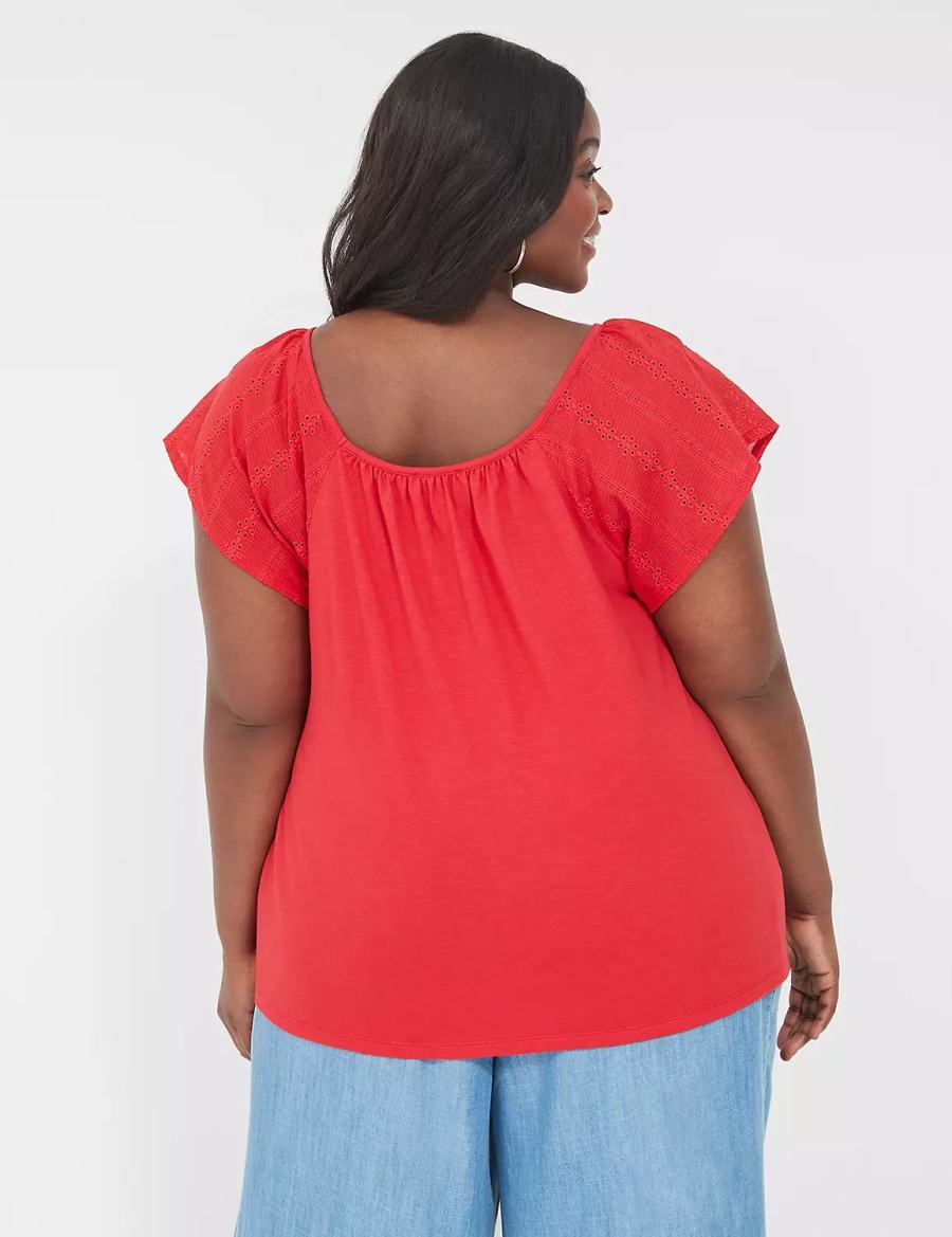 Lane Bryant Relaxed Eyelet-Sleeve Smocked-Neck Top Women T Shirts Red | JDG2248IX