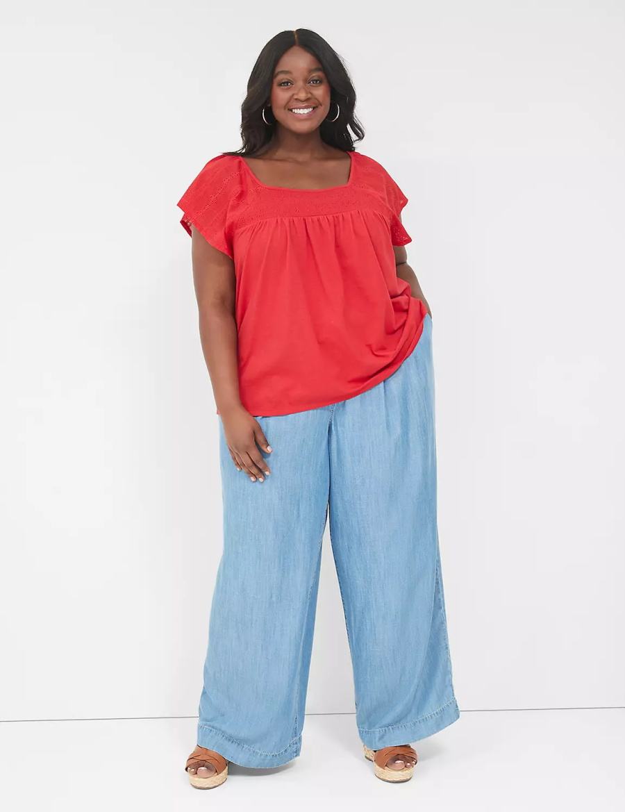 Lane Bryant Relaxed Eyelet-Sleeve Smocked-Neck Top Women T Shirts Red | JDG2248IX