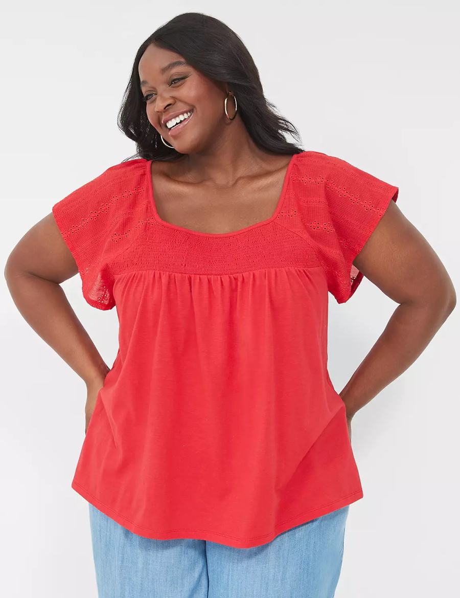 Lane Bryant Relaxed Eyelet-Sleeve Smocked-Neck Top Women T Shirts Red | JDG2248IX