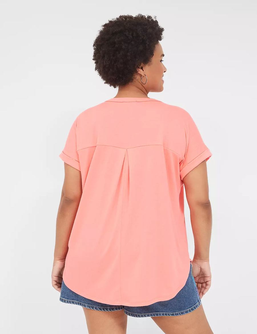 Lane Bryant Relaxed Gauze Notch-Neck Women Shirts Coral | JOQ6354NL