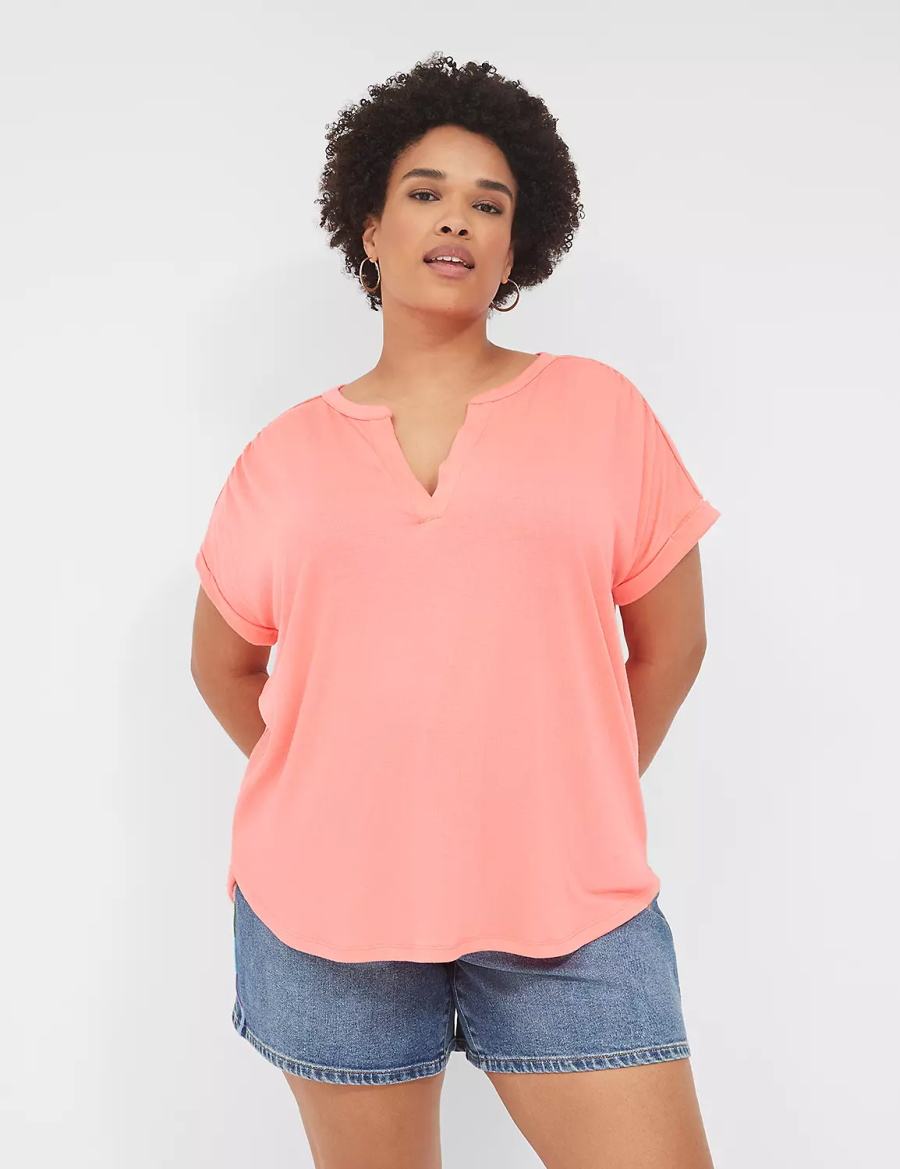 Lane Bryant Relaxed Gauze Notch-Neck Women Shirts Coral | JOQ6354NL