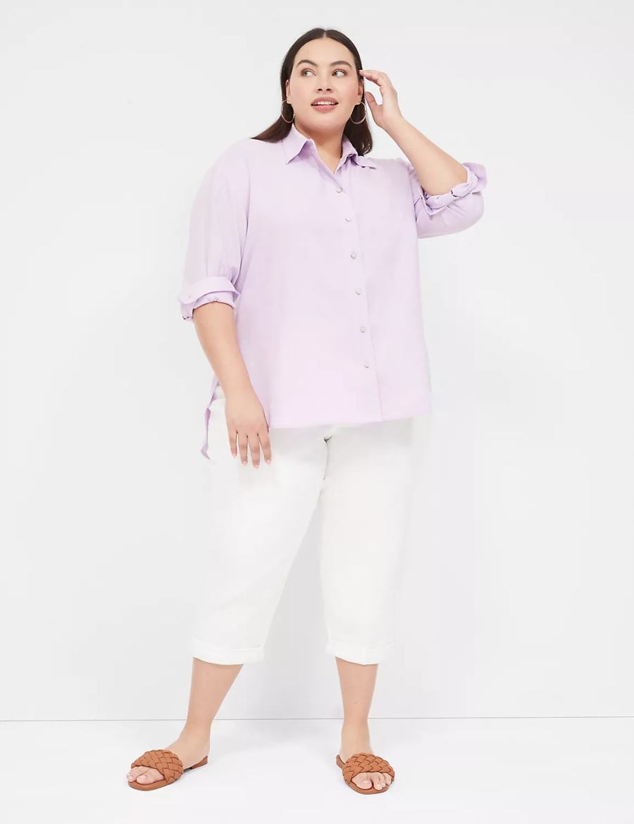 Lane Bryant Relaxed Linen Button-Down Women Shirts Purple | MWI3179KJ