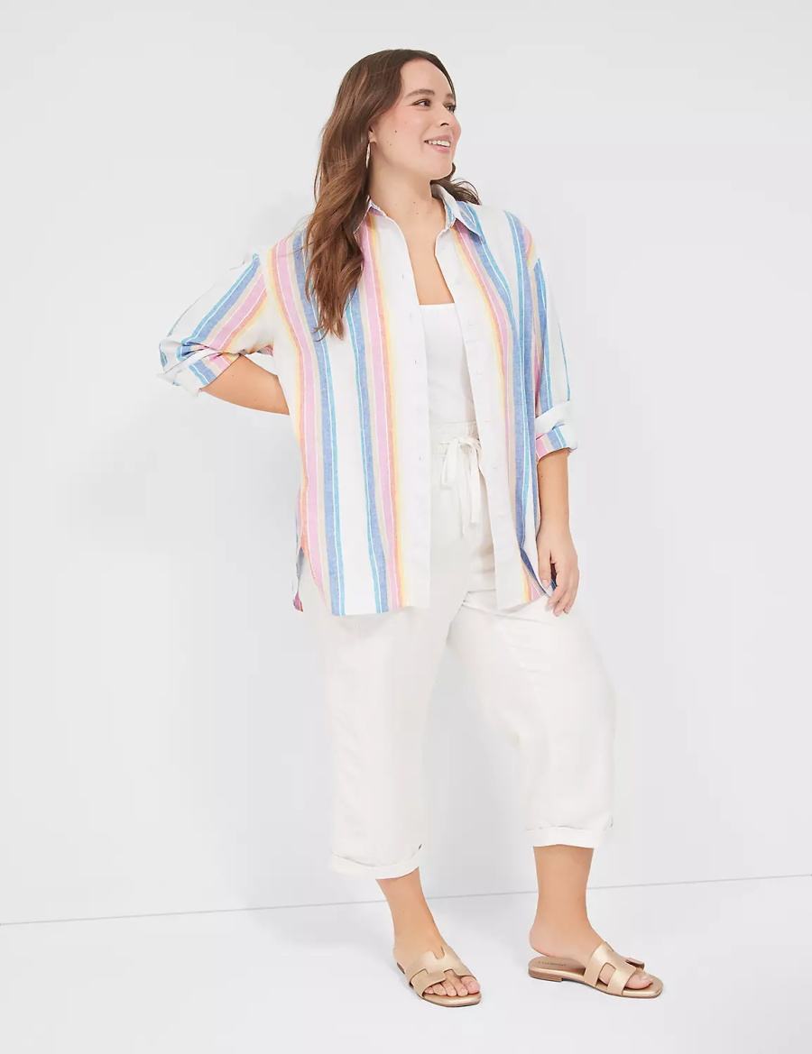 Lane Bryant Relaxed Linen Button-Down Women Shirts White Multicolor Stripes | DNJ5942UF