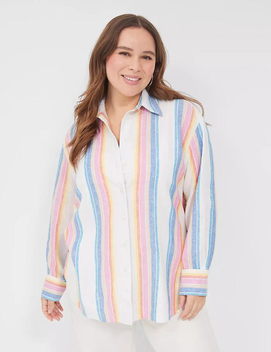 Lane Bryant Relaxed Linen Button-Down Women Shirts White Multicolor Stripes | DNJ5942UF