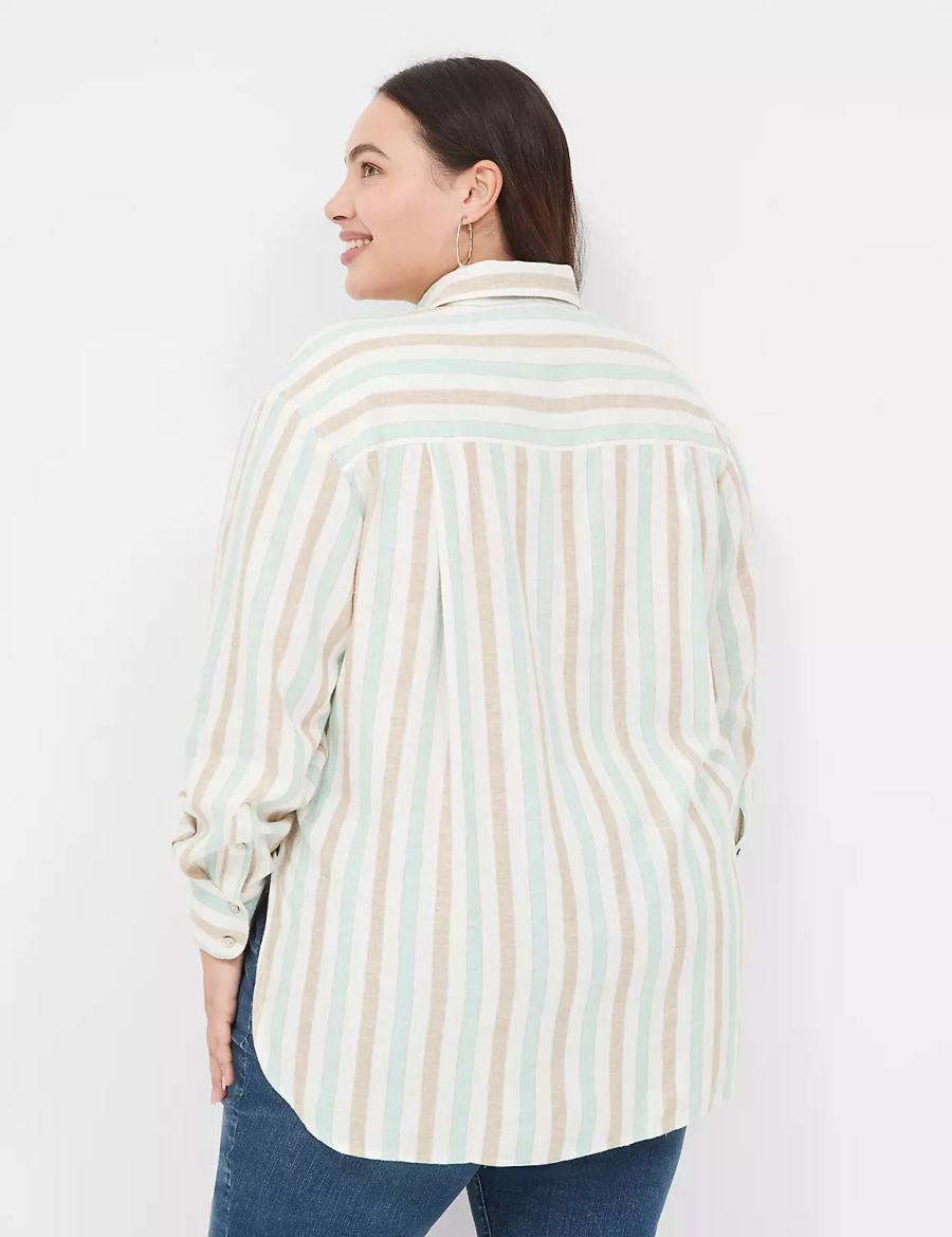 Lane Bryant Relaxed Linen Button-Down Women Shirts White Multicolor Stripes | NYW6066OG