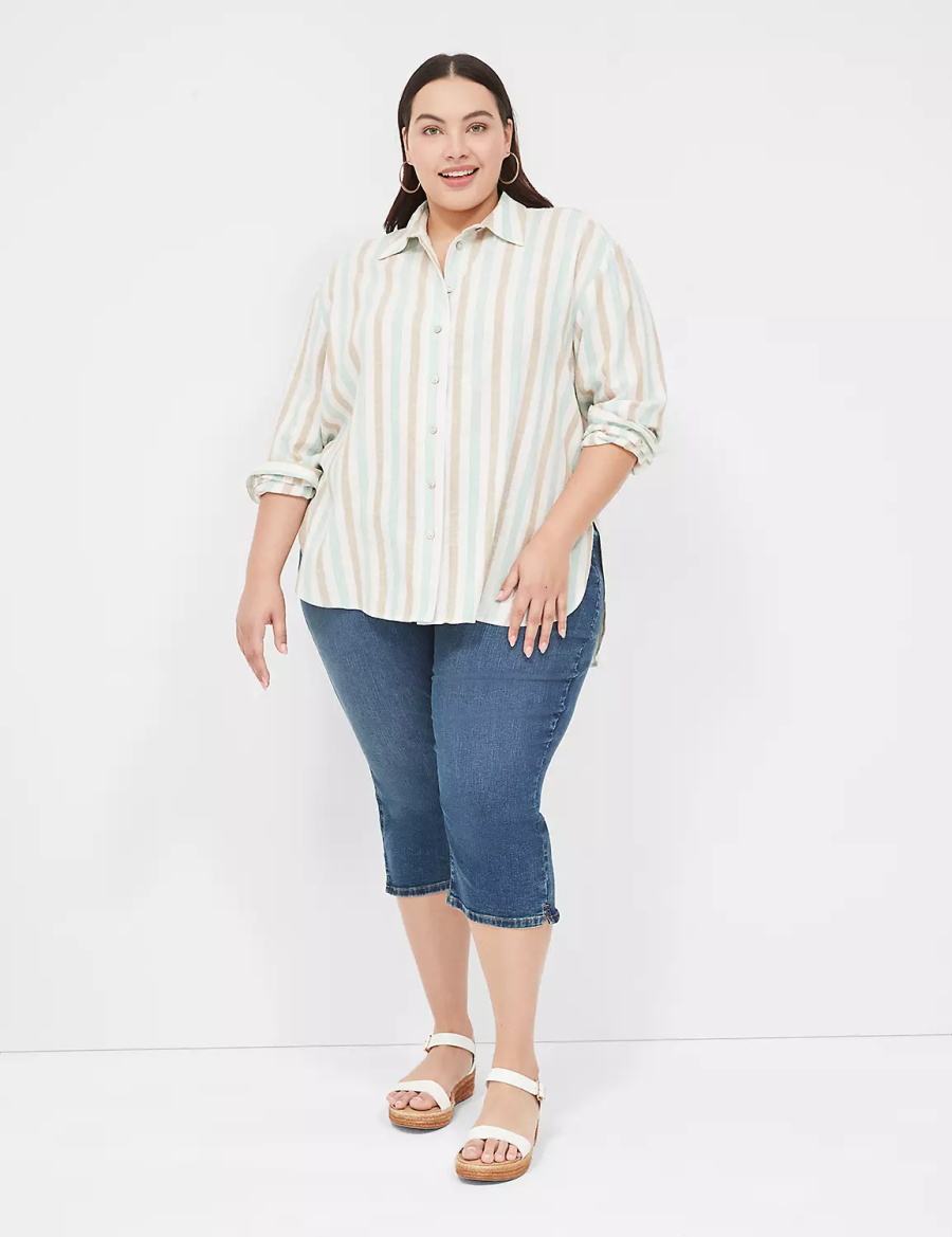 Lane Bryant Relaxed Linen Button-Down Women Shirts White Multicolor Stripes | NYW6066OG