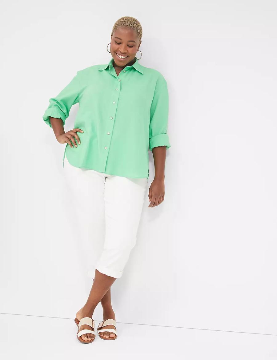 Lane Bryant Relaxed Linen Button-Down Women Shirts Light Green | MOT10052LP