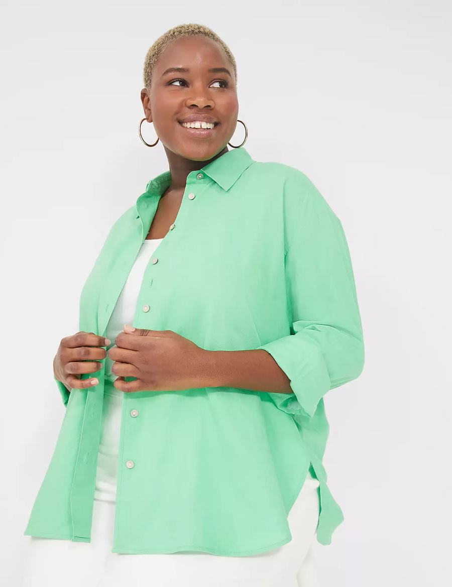 Lane Bryant Relaxed Linen Button-Down Women Shirts Light Green | MOT10052LP