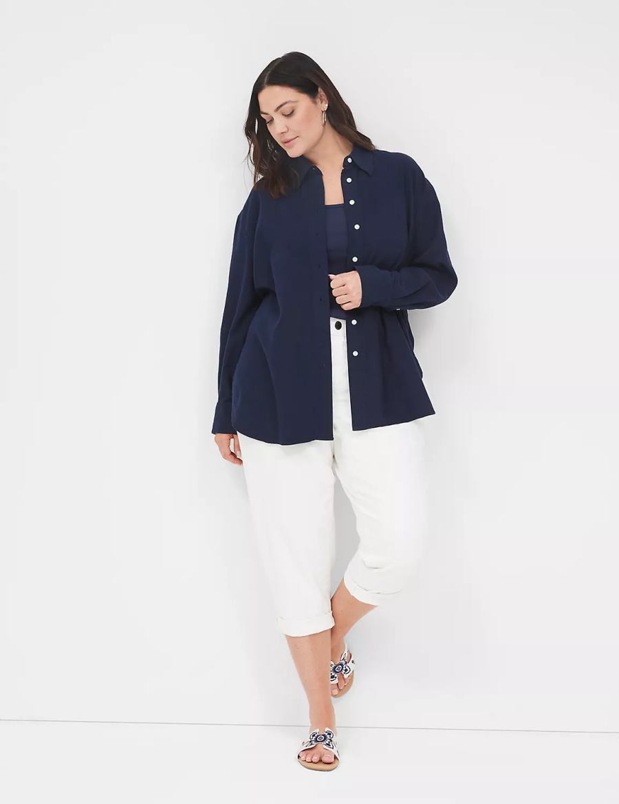 Lane Bryant Relaxed Linen Button-Down Women Shirts Blue | EOP4634QR