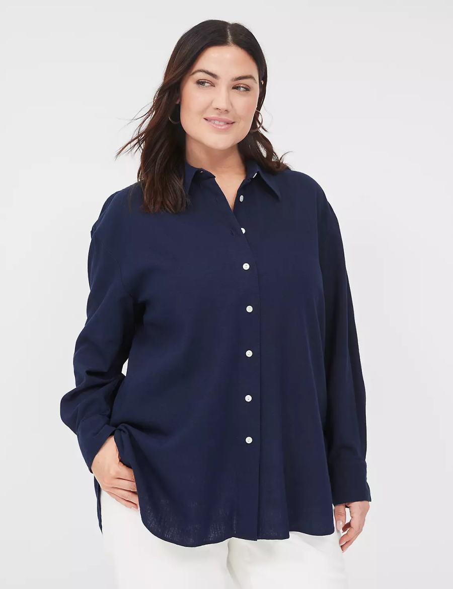 Lane Bryant Relaxed Linen Button-Down Women Shirts Blue | EOP4634QR