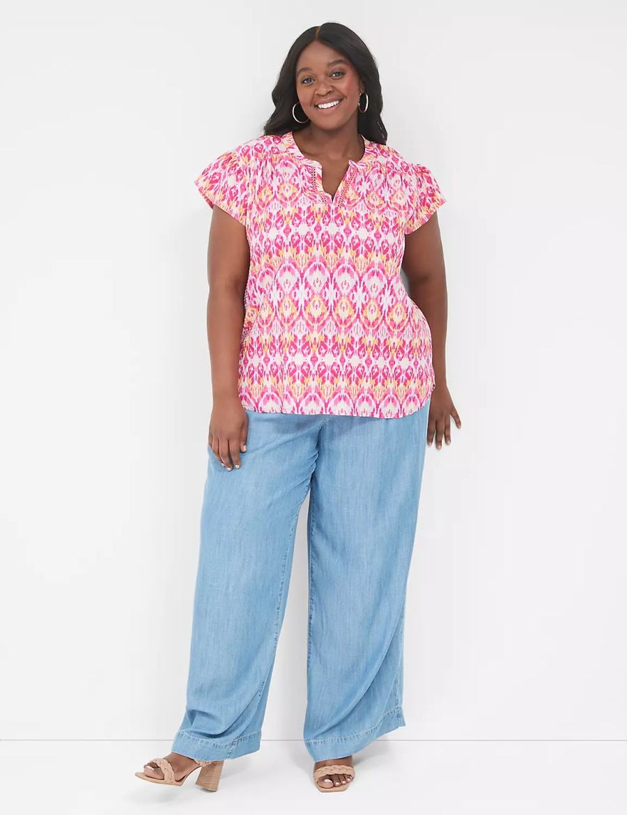 Lane Bryant Relaxed Notch-Neck Woven & Knit Top Women T Shirts Pink | LRX8590XU