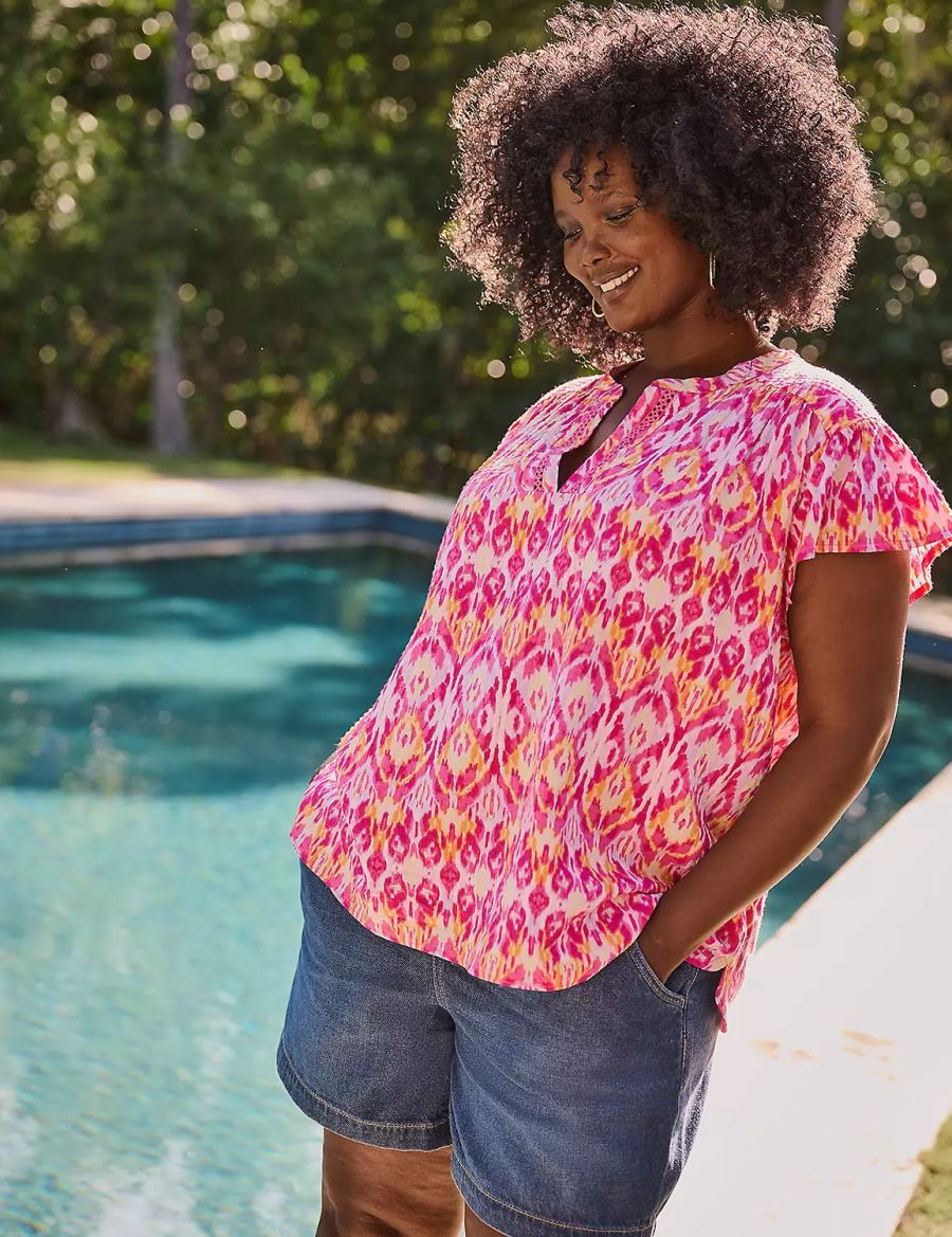 Lane Bryant Relaxed Notch-Neck Woven & Knit Top Women T Shirts Pink | LRX8590XU