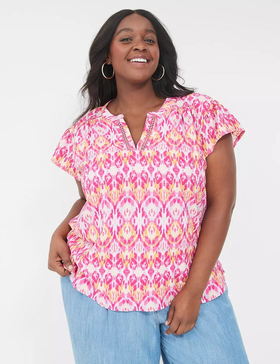 Lane Bryant Relaxed Notch-Neck Woven & Knit Top Women T Shirts Pink | LRX8590XU