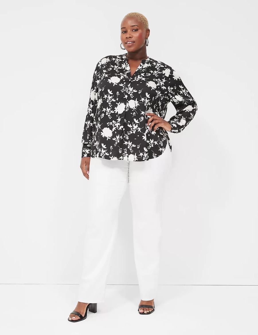 Lane Bryant Relaxed Satin Split-Neck Popover Women Shirts Black | GCU7933KA