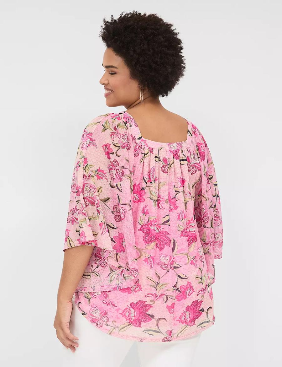 Lane Bryant Relaxed Square-Neck Trimmed Circle Drama Top Women Blouse Pink | PRA6539YZ