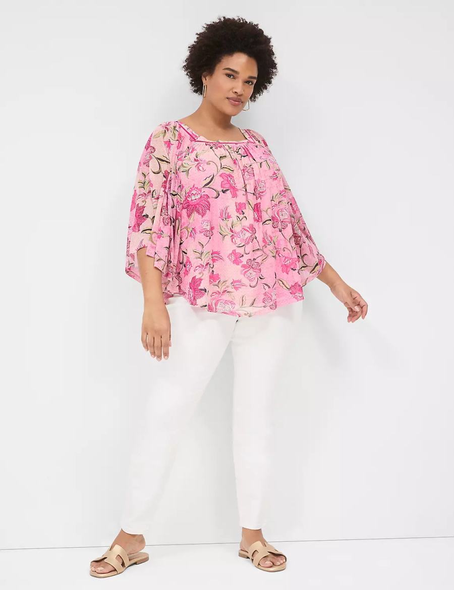 Lane Bryant Relaxed Square-Neck Trimmed Circle Drama Top Women Blouse Pink | PRA6539YZ