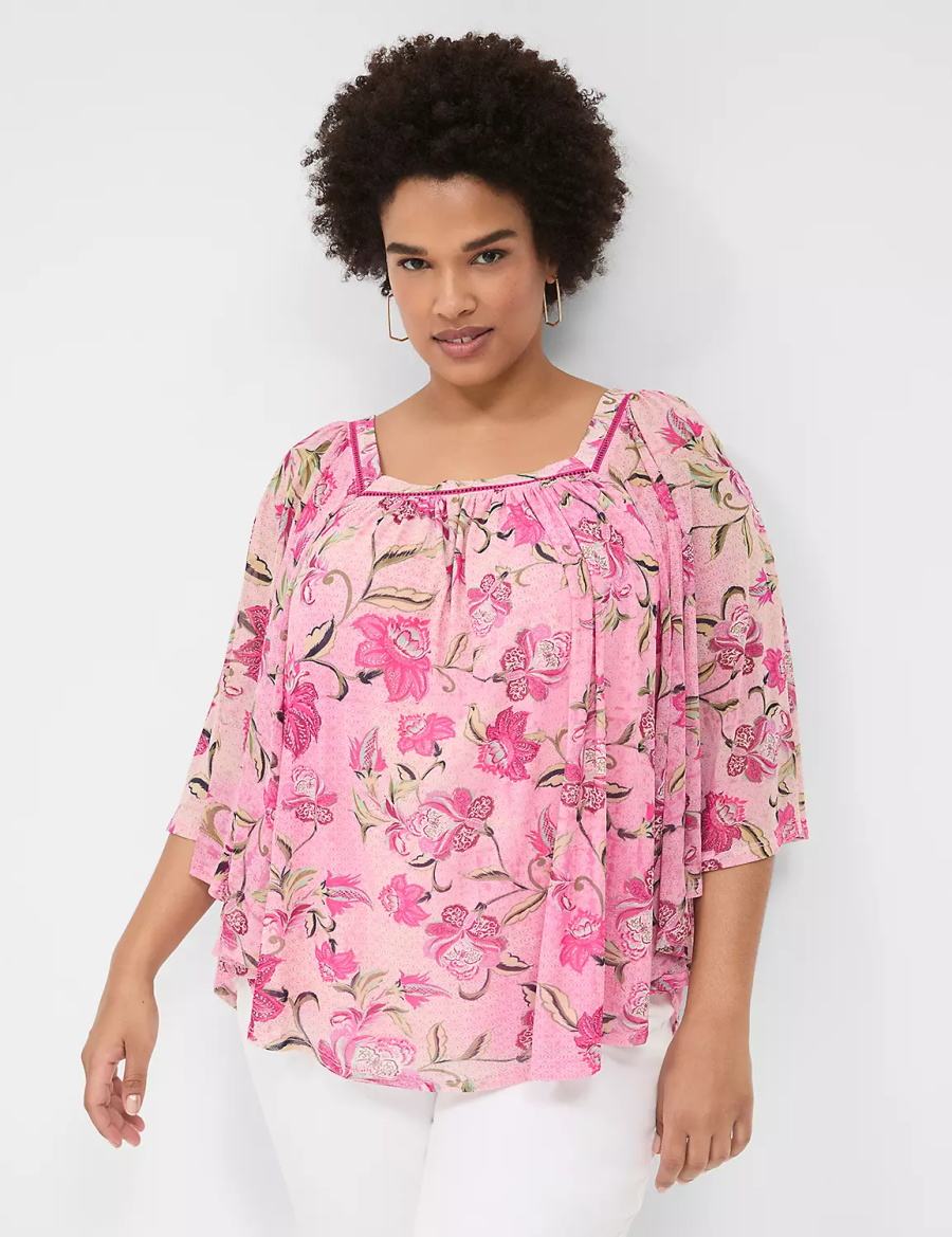 Lane Bryant Relaxed Square-Neck Trimmed Circle Drama Top Women Blouse Pink | PRA6539YZ