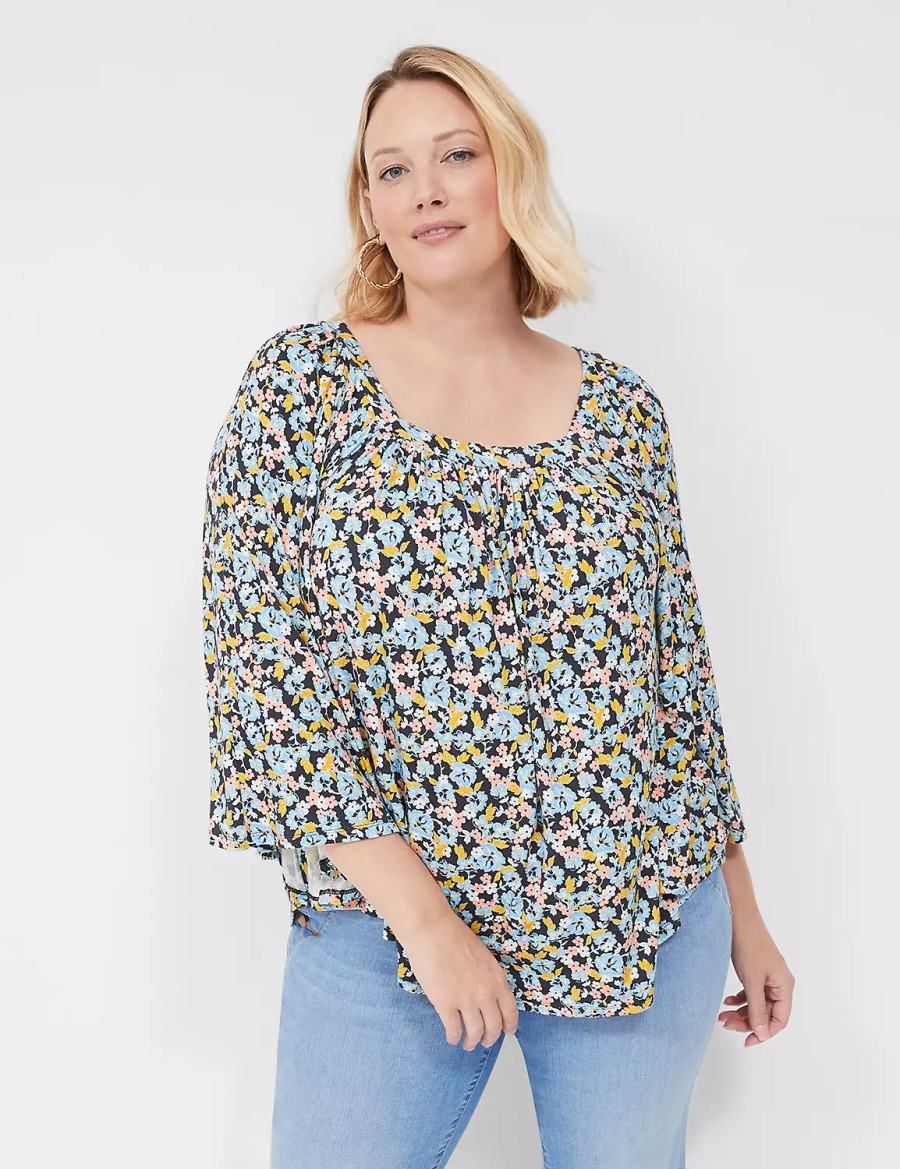 Lane Bryant Relaxed Square-Neck Trimmed Circle Drama Top Women Blouse Blue Coral | QFU554WU