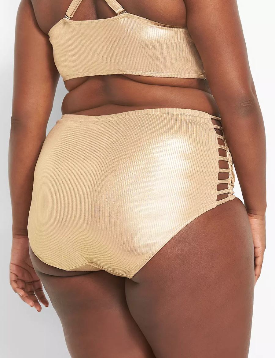 Lane Bryant Ribbed Ruched Strappy-Side Swim Women Briefs Beige | KFO135KQ