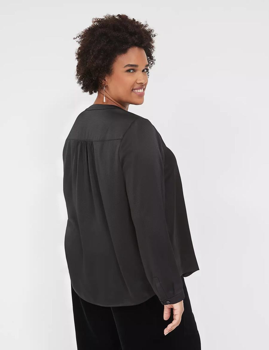 Lane Bryant Satin Banded-Neck Ruched-Shoulder Women Shirts Black | CKL8484AP