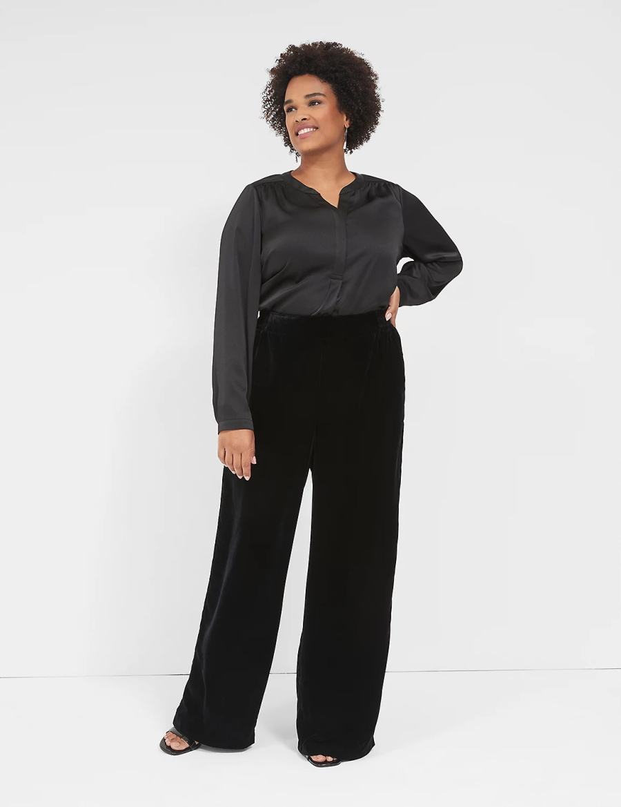 Lane Bryant Satin Banded-Neck Ruched-Shoulder Women Shirts Black | CKL8484AP