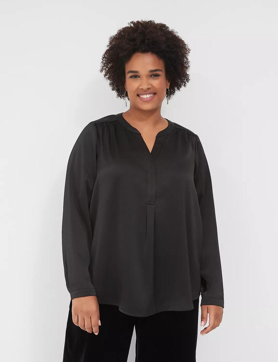 Lane Bryant Satin Banded-Neck Ruched-Shoulder Women Shirts Black | CKL8484AP