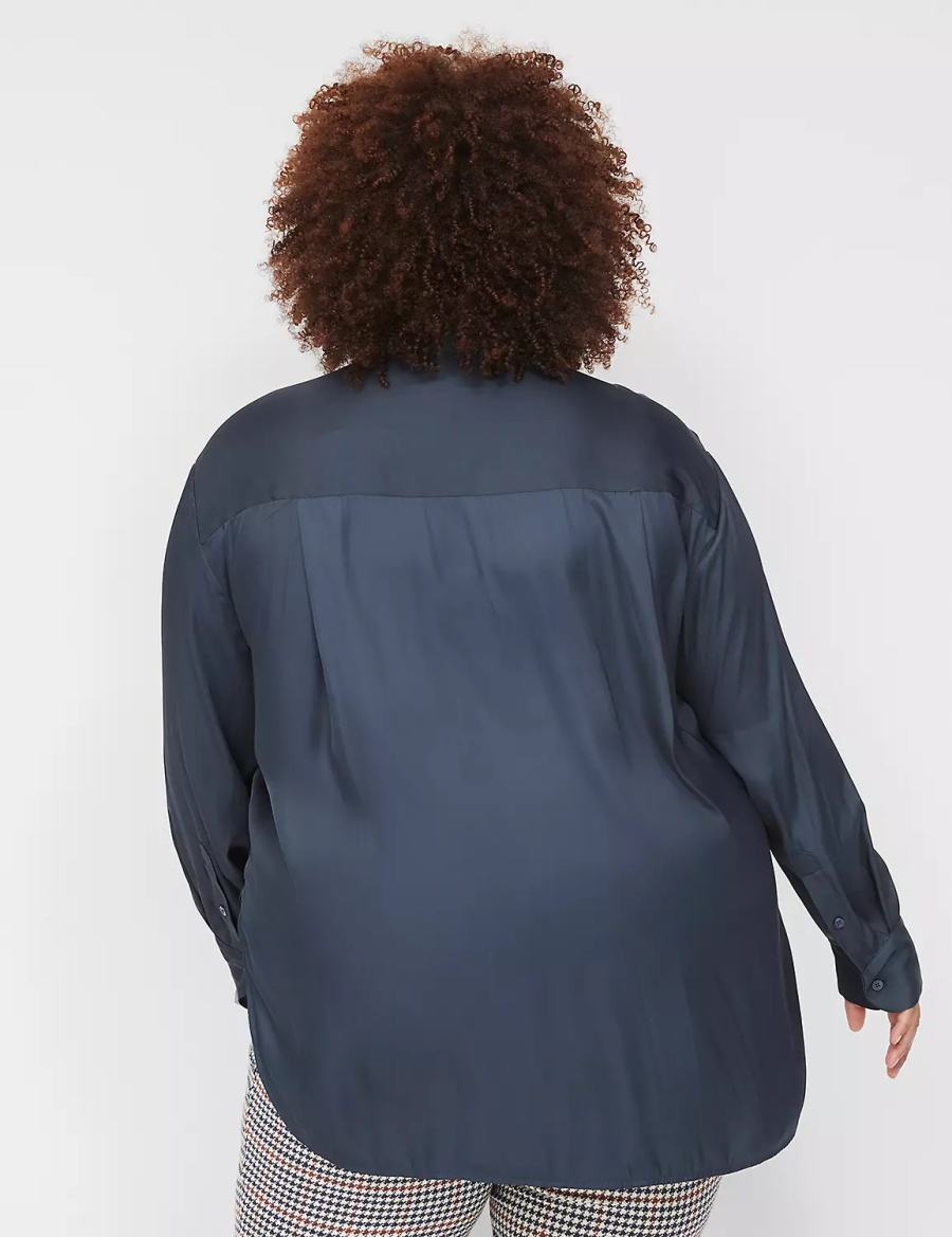 Lane Bryant Satin Button-Down Boyfriend Women Shirts Blue | OBC9545JJ