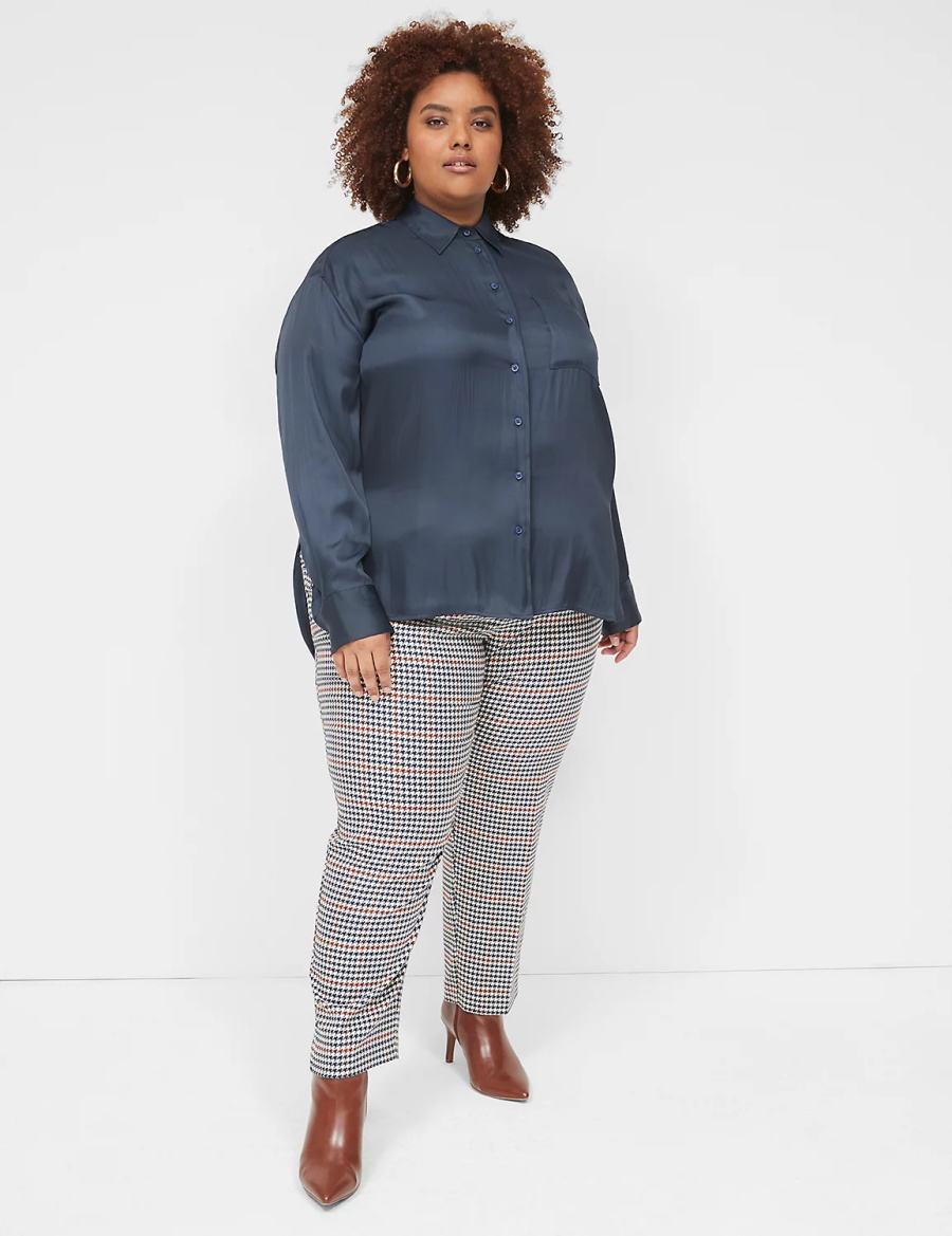 Lane Bryant Satin Button-Down Boyfriend Women Shirts Blue | OBC9545JJ