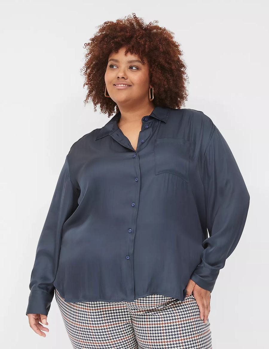 Lane Bryant Satin Button-Down Boyfriend Women Shirts Blue | OBC9545JJ