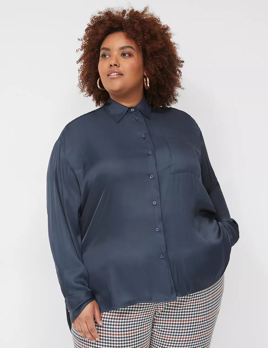 Lane Bryant Satin Button-Down Boyfriend Women Shirts Blue | OBC9545JJ