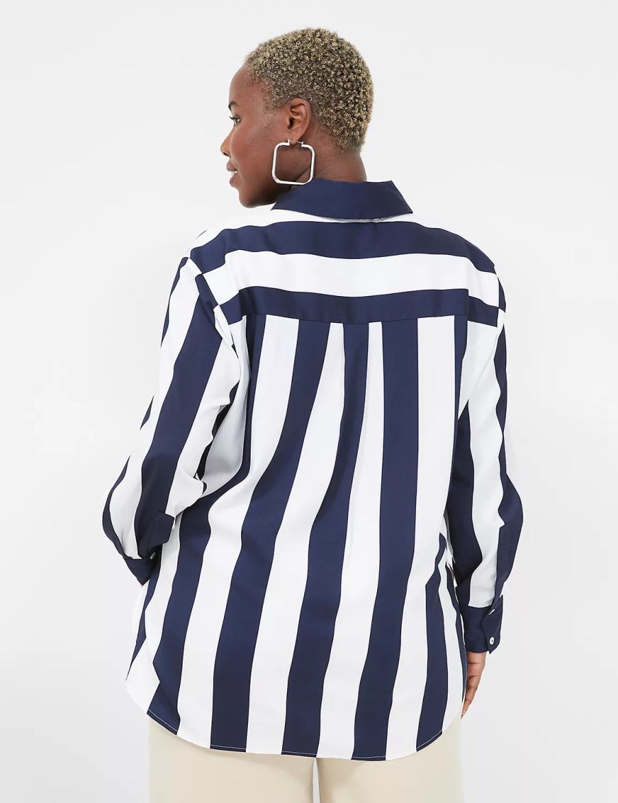 Lane Bryant Satin Easy Collared Stripe Button-Down Women Shirts Navy White Stripes | GIN4846YP