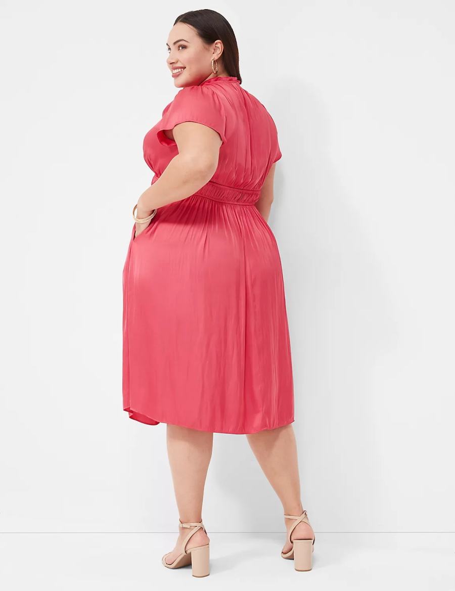 Lane Bryant Satin Flutter-Sleeve Ruffle V-Neck Women Midi Dress Pink | QNT849NP