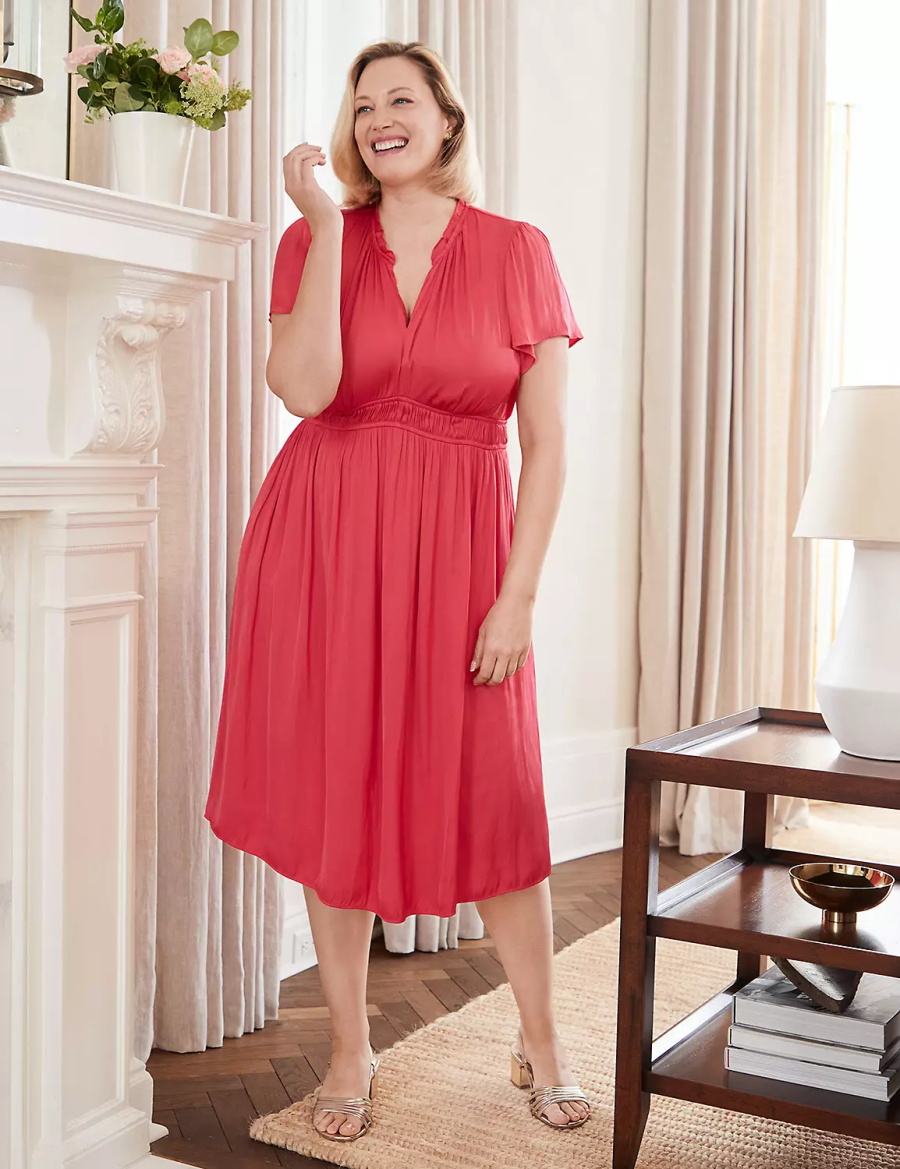 Lane Bryant Satin Flutter-Sleeve Ruffle V-Neck Women Midi Dress Pink | QNT849NP