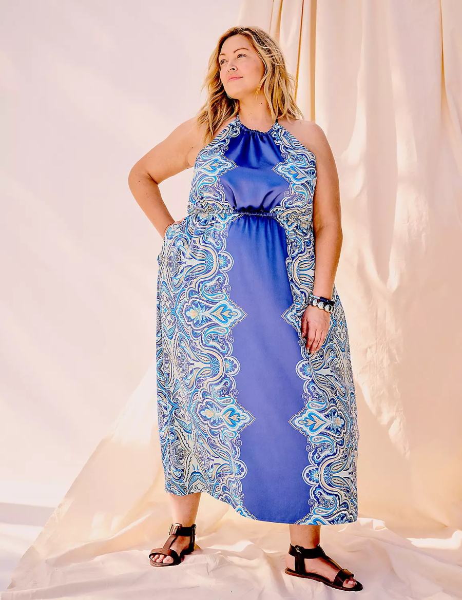 Lane Bryant Satin Halter-Neck Women Maxi Dress Blue | IBV6740PB